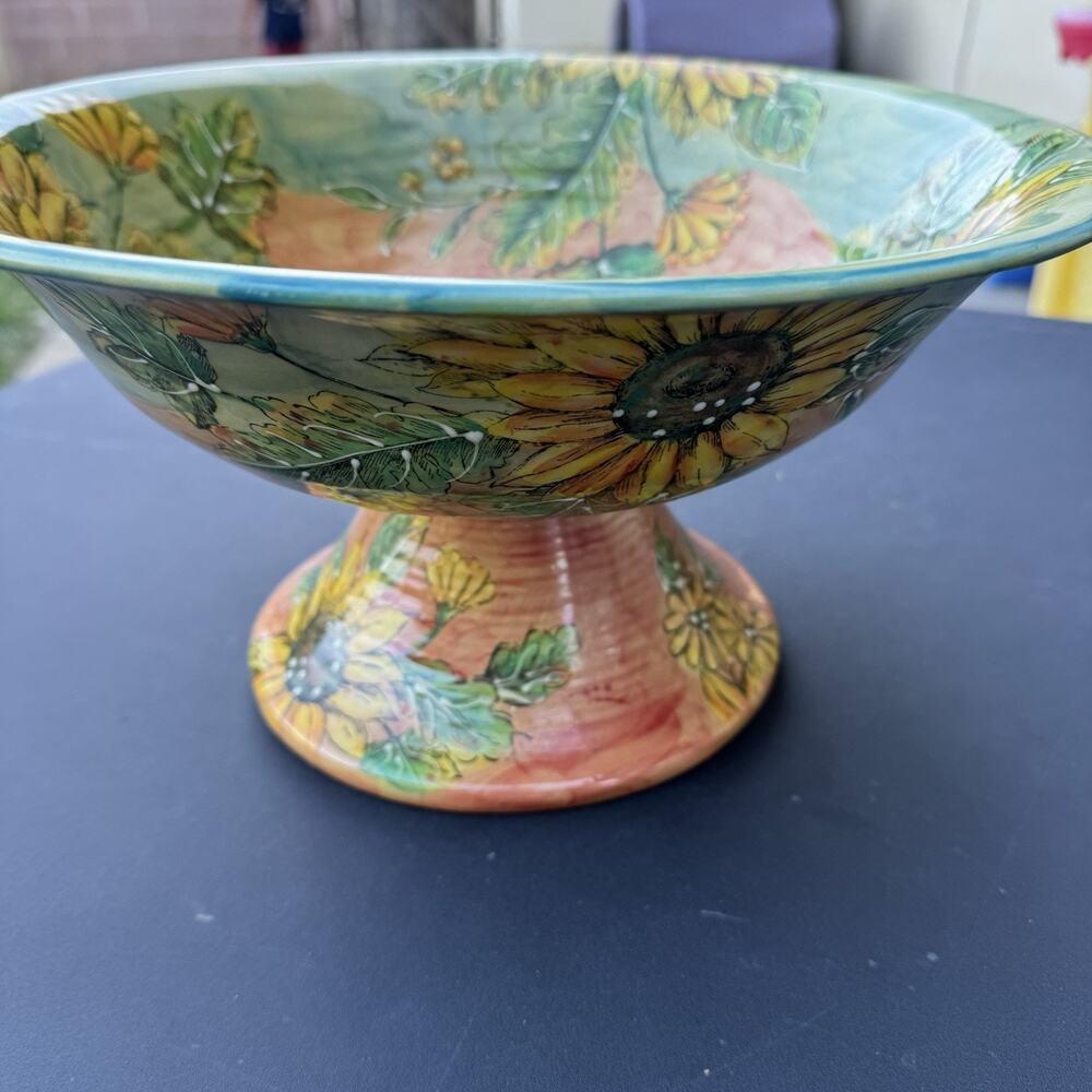 Vintage Sunflower Footed Pedestal Bowl Hand Painted Ceramic Centerpiece 12”